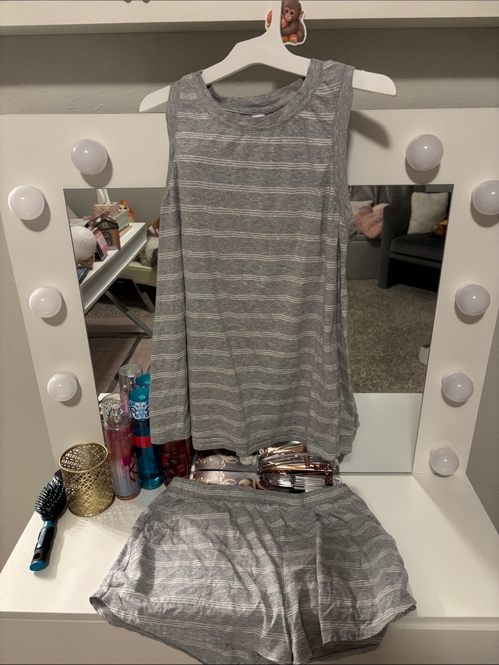 Gray Medium Striped Tank Top and Shorts Loungewear Set